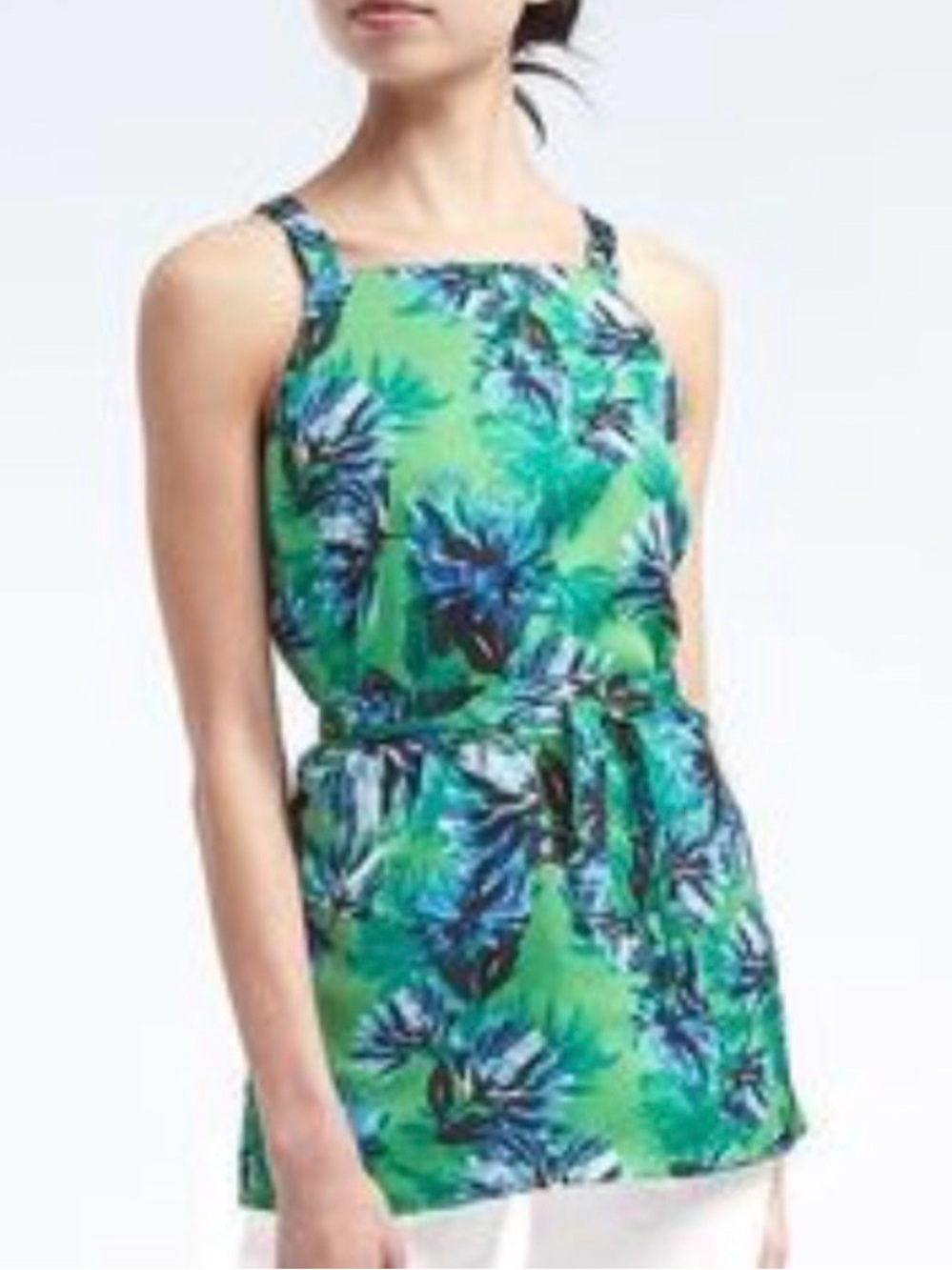 Banana Republic Womens Floral  Blouse Belted Lined Top Green Blue